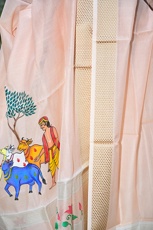 Diorama Designs Pichwai Handpainted "Miniature" Maheshwari Silk Dupatta