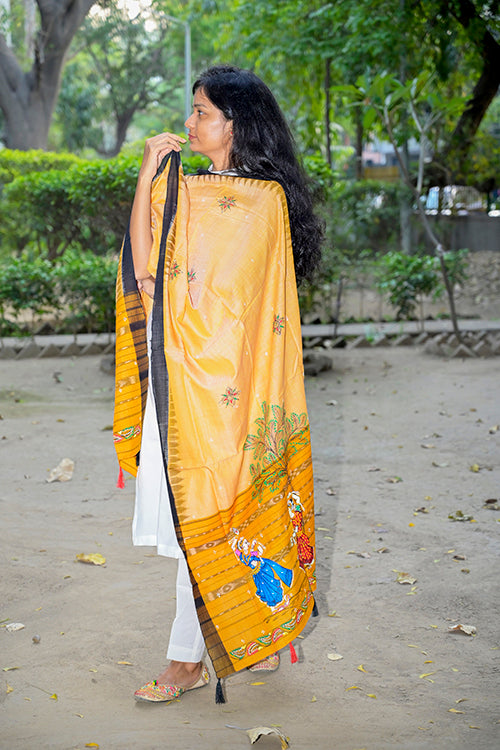 Diorama Designs Pattachitra Handpainted Cotton Handloom Ikkat Dupatta