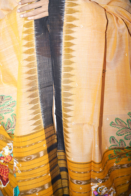 Diorama Designs Pattachitra Handpainted Cotton Handloom Ikkat Dupatta