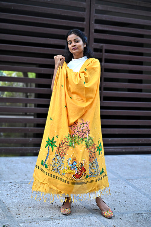 Diorama Designs Pattachitra Handpainted Munga Silk  Krishnapriya Dupatta