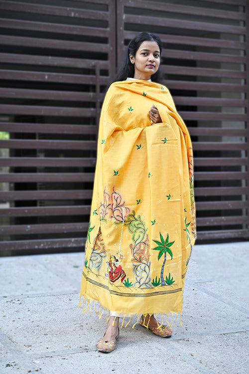 Diorama Designs Pattachitra Handpainted Munga Silk  Krishnapriya Dupatta