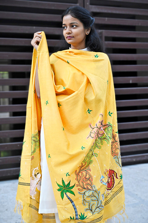 Diorama Designs Pattachitra Handpainted Munga Silk  Krishnapriya Dupatta