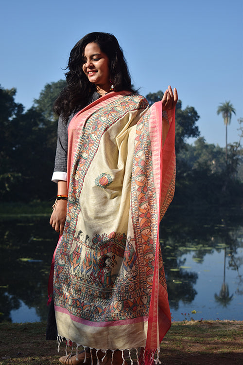 Diorama Designs Madhubani Hand-Painted 'Doli Ka Haar' Cotton Dupatta