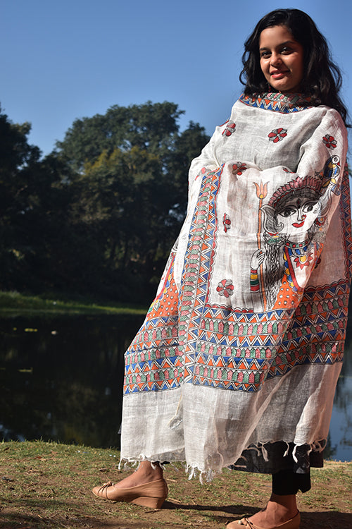 Diorama Designs Madhubani Hand-Painted White Linen Dupatta
