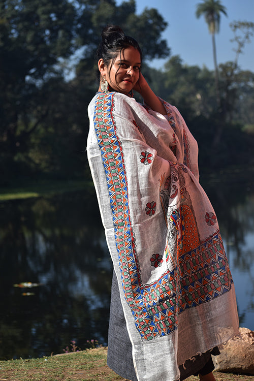Diorama Designs Madhubani Hand-Painted White Linen Dupatta