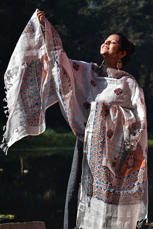 Diorama Designs Madhubani Hand-Painted White Linen Dupatta