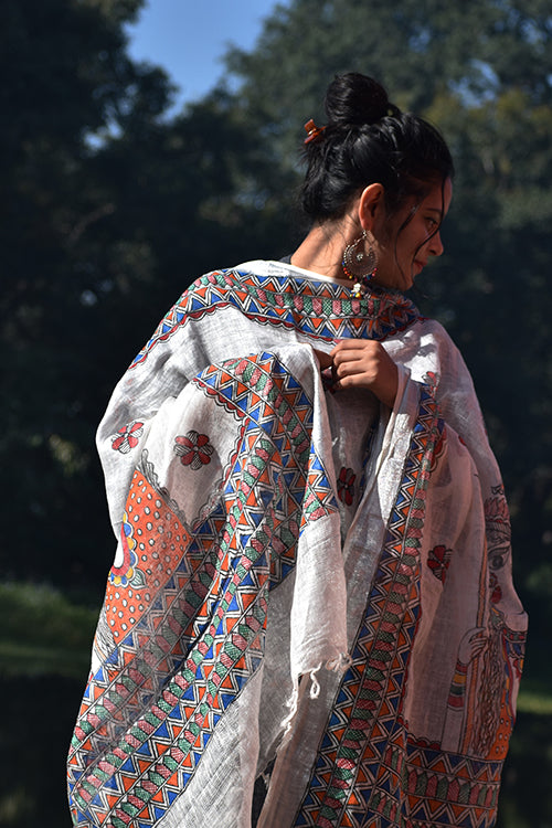 Diorama Designs Madhubani Hand-Painted White Linen Dupatta
