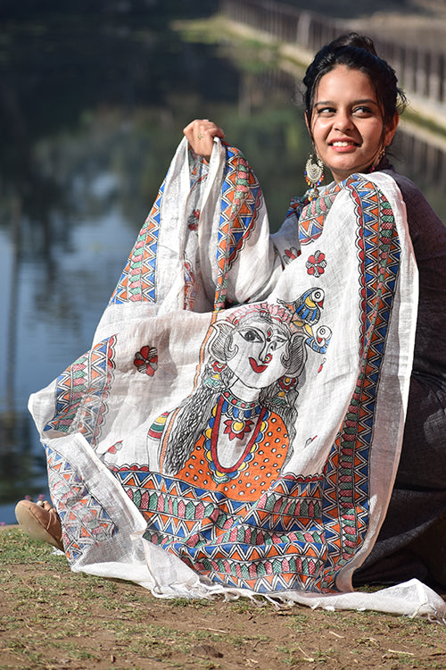 Diorama Designs Madhubani Hand-Painted White Linen Dupatta