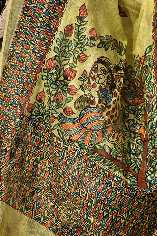 Diorama Designs Madhubani Hand-Painted 'Radha Krishna' Linen Dupatta