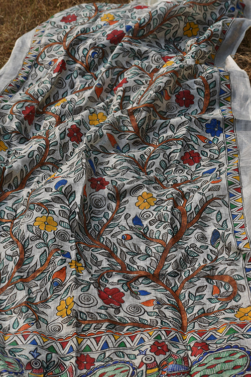 Diorama Designs Madhubani All Over Floral Motifs Hand-Painted Linen Dupatta
