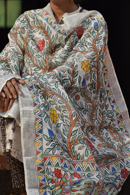 Diorama Designs Madhubani All Over Floral Motifs Hand-Painted Linen Dupatta