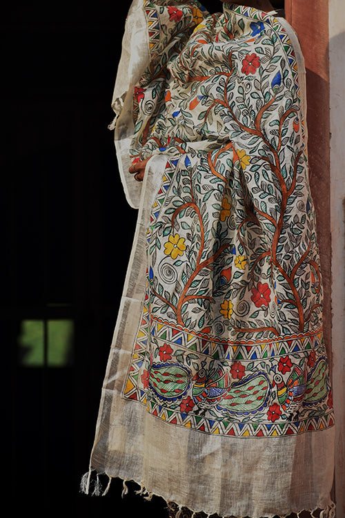 Diorama Designs Madhubani All Over Floral Motifs Hand-Painted Linen Dupatta