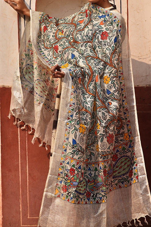 Diorama Designs Madhubani All Over Floral Motifs Hand-Painted Linen Dupatta