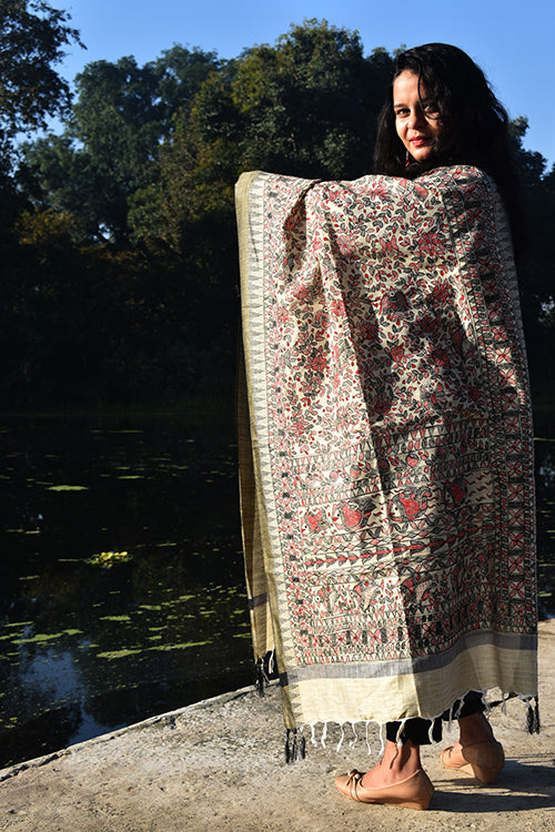 Diorama Designs Madhubani Hand-Painted All Over Red Black Cotton Dupatta
