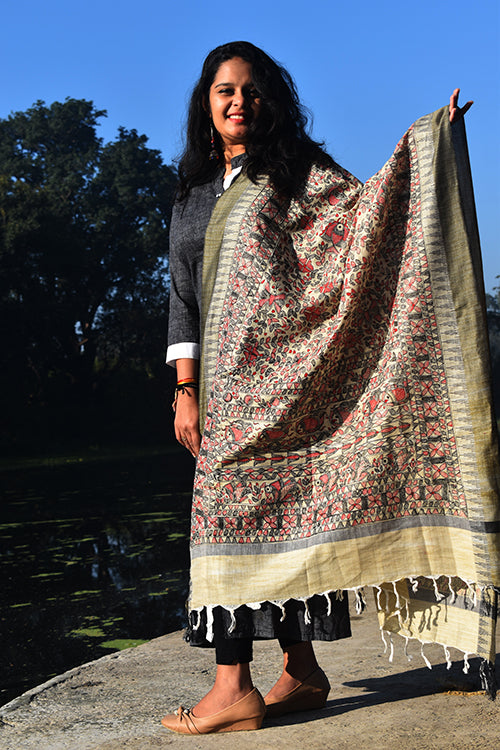 Diorama Designs Madhubani Hand-Painted All Over Red Black Cotton Dupatta
