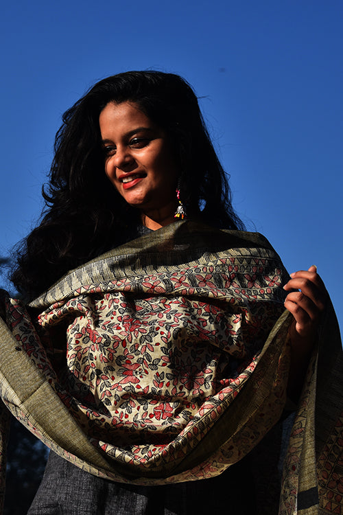 Diorama Designs Madhubani Hand-Painted All Over Red Black Cotton Dupatta