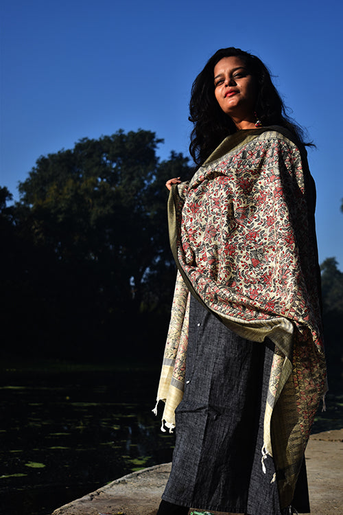 Diorama Designs Madhubani Hand-Painted All Over Red Black Cotton Dupatta