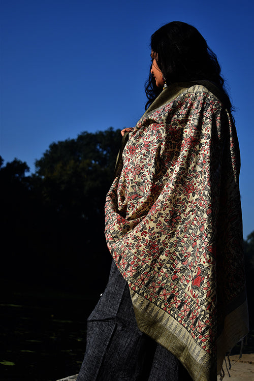 Diorama Designs Madhubani Hand-Painted All Over Red Black Cotton Dupatta
