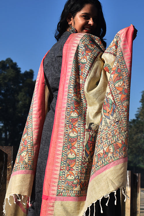 Diorama Designs Madhubani Hand-Painted 'Doli Ka Haar' Cotton Dupatta