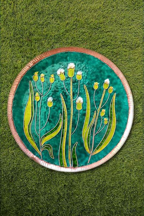Copper Enamel Wall Plate "Gardens of Vishwakarma, Greens-Emilia-L" by Ekibeki