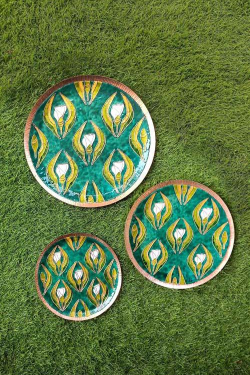 Copper Enamel Wall Plate "Gardens of Vishwakarma, Greens -Wildflower-M" by Ekibeki