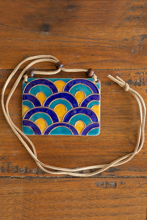 EkiBeki Retro Style copper enamel pendent with faux leather string and wooden beads-2