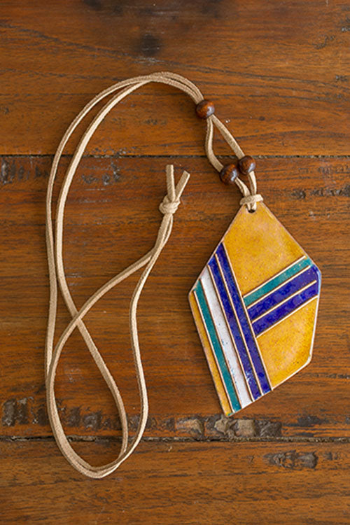 EkiBeki Retro Style copper enamel pendent with faux leather string and wooden beads-5