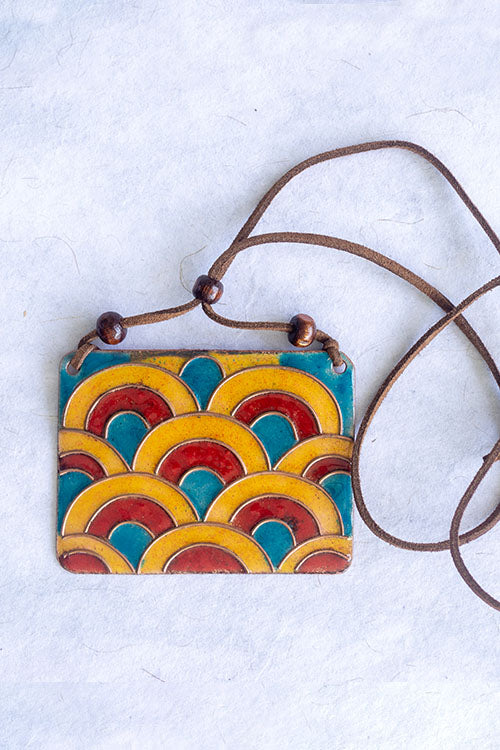 EkiBeki Retro Style copper enamel pendent with faux leather string and wooden beads