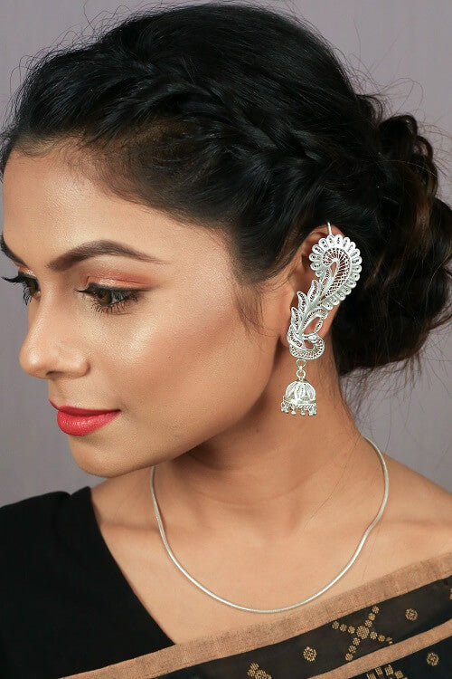 Silver Linings Peacock Handmade Silver Filigree Cuff Earrings For Women
