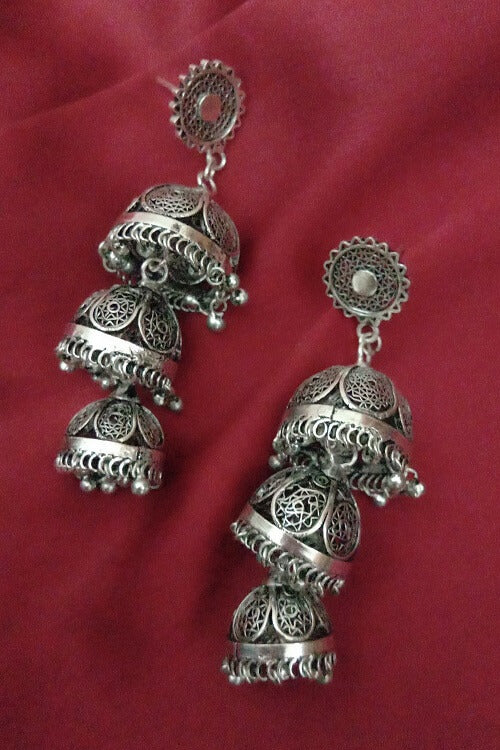 Buy Silver Linings Trio Handmade Silver Filigree Jhumka Earrings