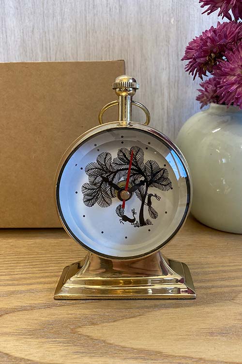 FroggMag Handpainted Table Clock - Warli - Tree with Deers