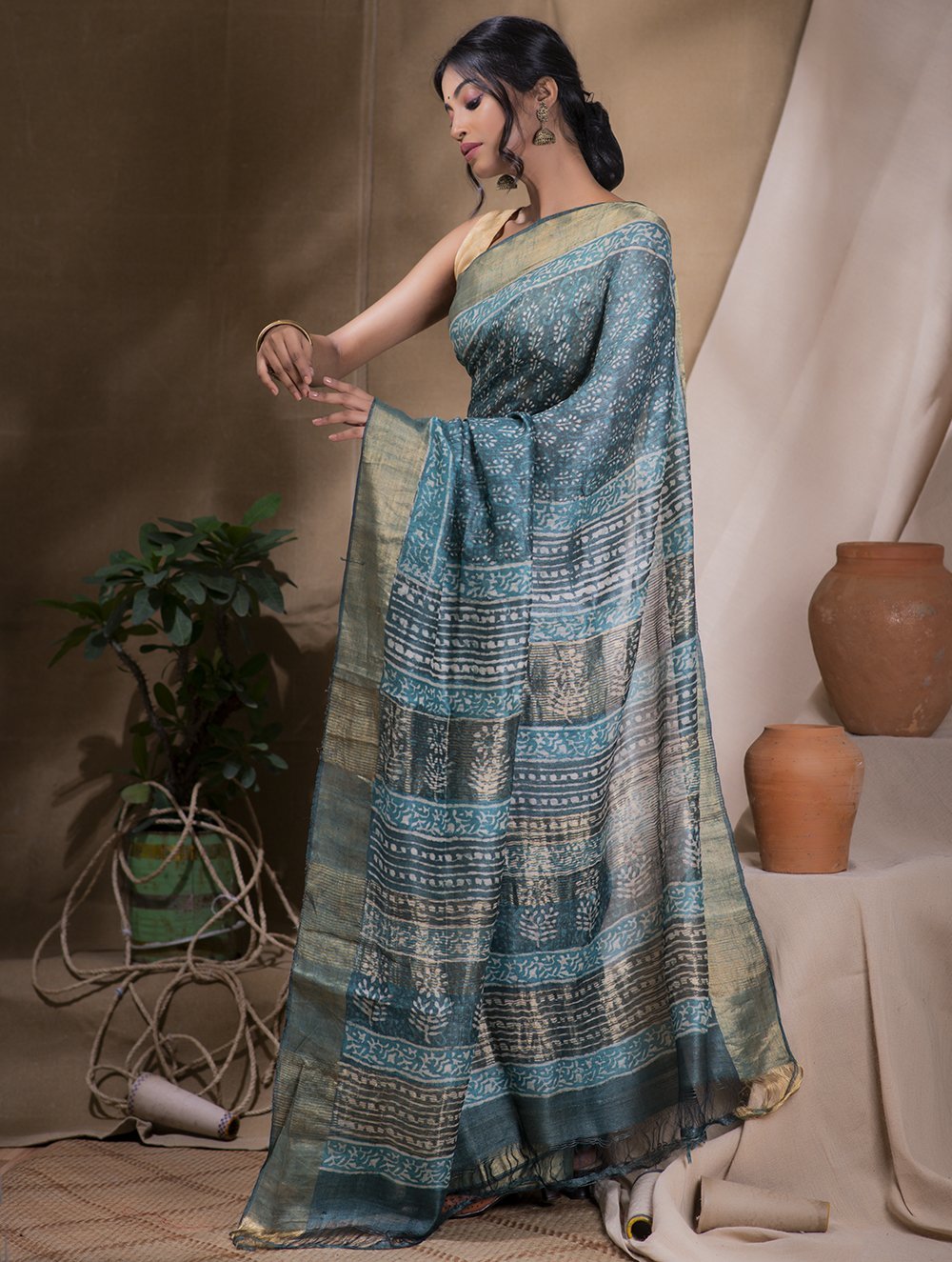 Aqua Blue & Dull Gold Printed Tassar Silk Saree With Blouse Online