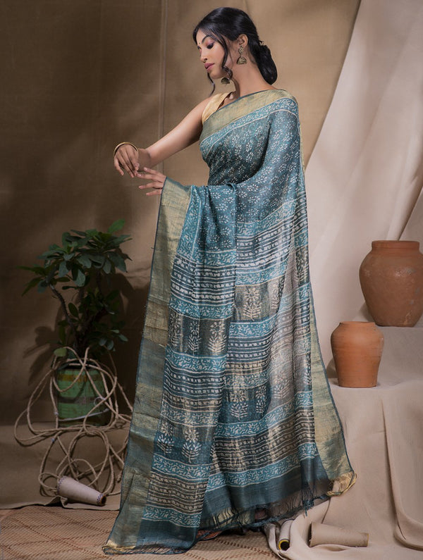 Aqua Blue & Dull Gold Printed Tassar Silk Saree With Blouse Online
