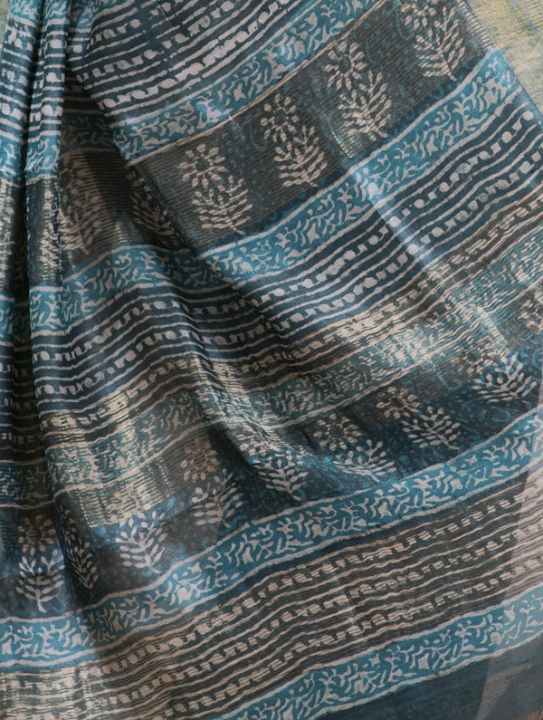 Festive & Exclusive Tassar Silk Bagru Saree (With Blouse Piece) - Aqua Blue & Dull Gold