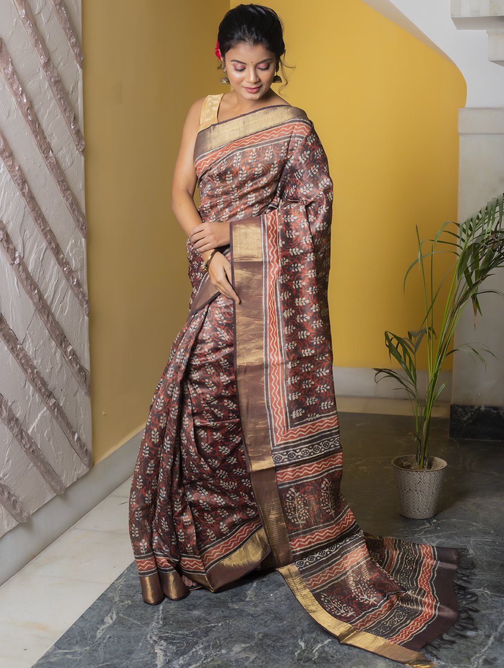 Festive & Exclusive Tassar Silk Bagru Saree (With Blouse Piece) - Deep Brown, Coral & Dull Gold