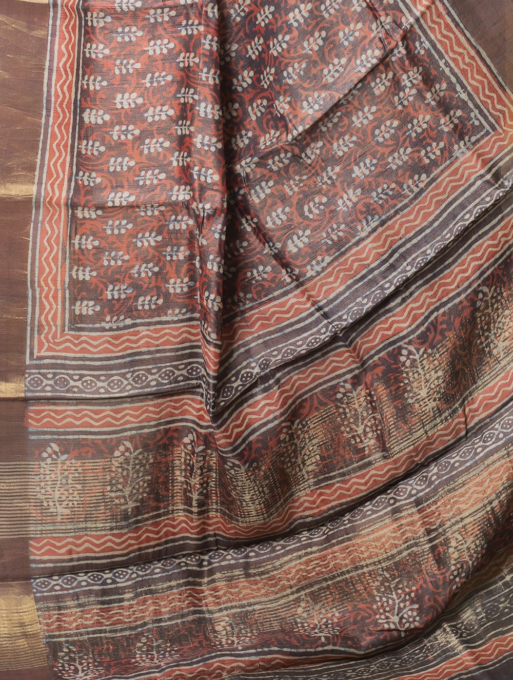 Festive & Exclusive Tassar Silk Bagru Saree (With Blouse Piece) - Deep Brown, Coral & Dull Gold