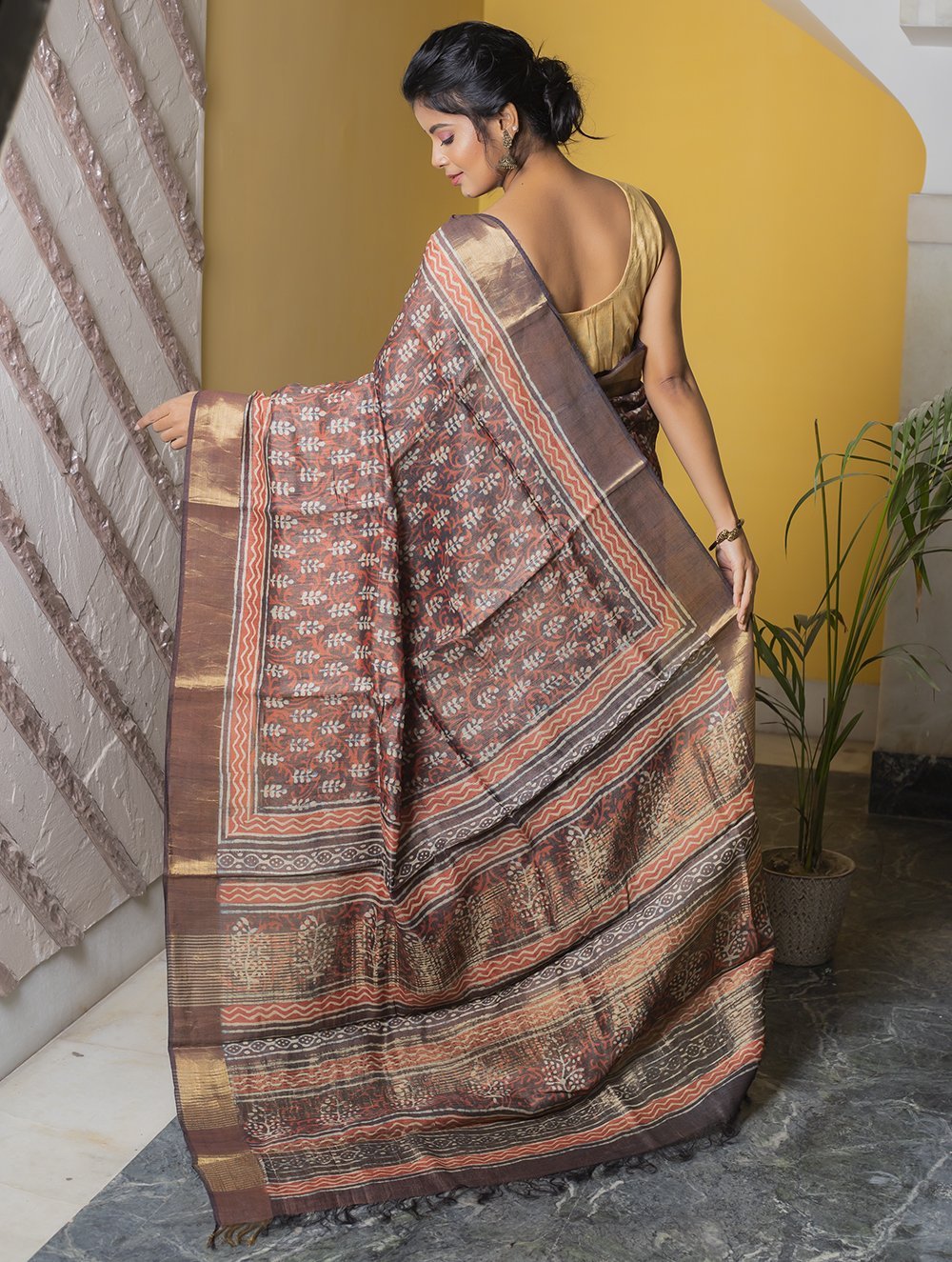 Festive & Exclusive Tassar Silk Bagru Saree (With Blouse Piece) - Deep Brown, Coral & Dull Gold