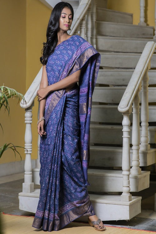 Mauve & Dull Gold Printed Tassar Silk Saree With Blouse Online