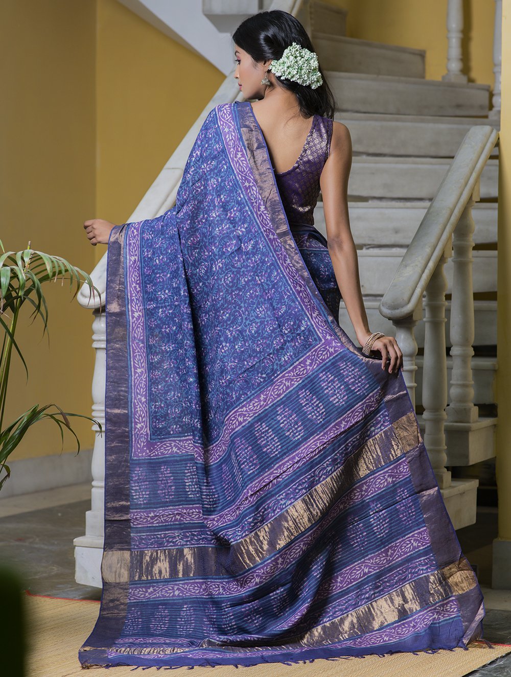 Festive & Exclusive Tassar Silk Bagru Saree (With Blouse Piece) - Mauve & Dull Gold