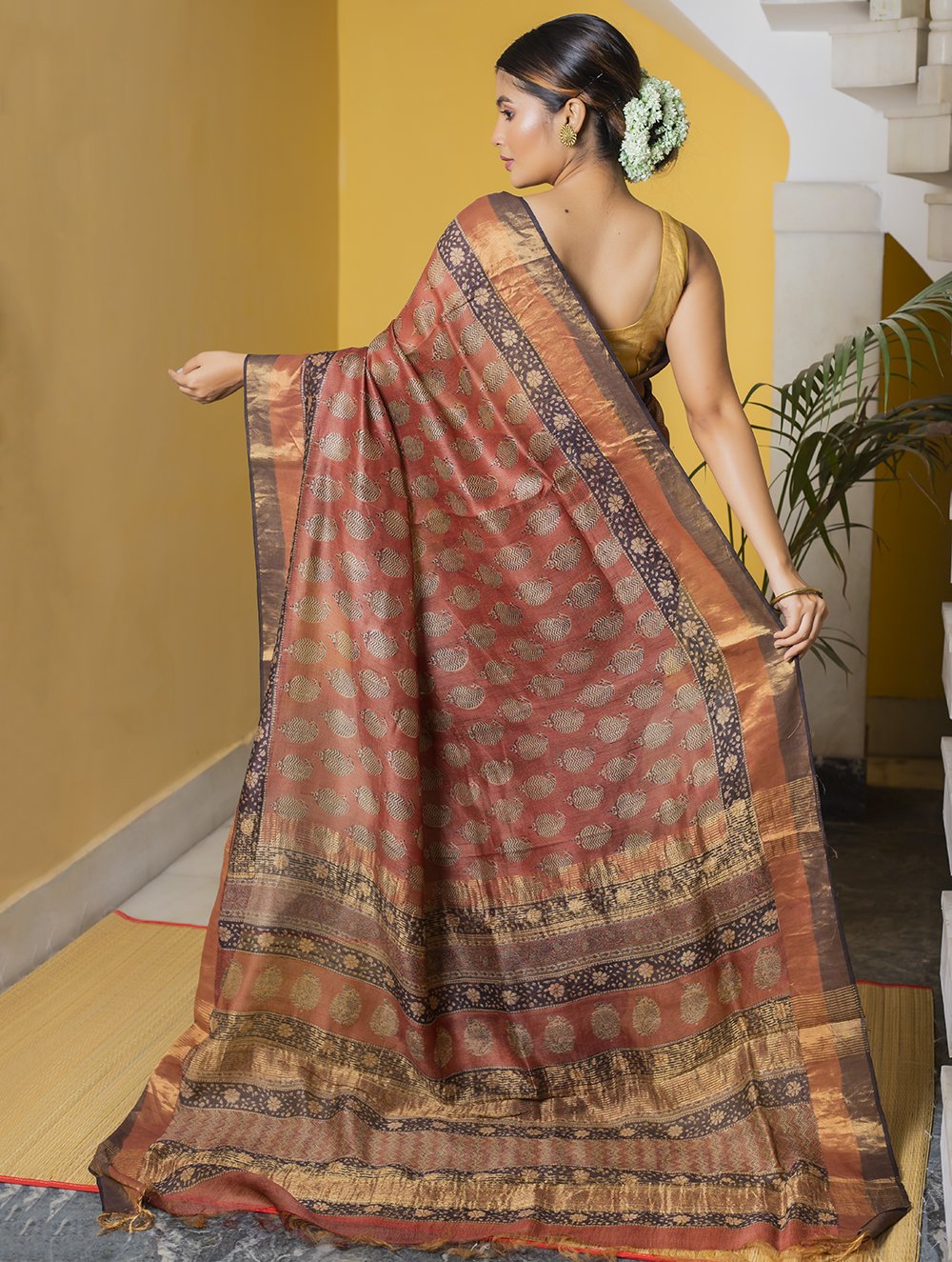 Festive & Exclusive Tassar Silk Bagru Saree (With Blouse Piece) - Warm Red, Beige & Dull Gold