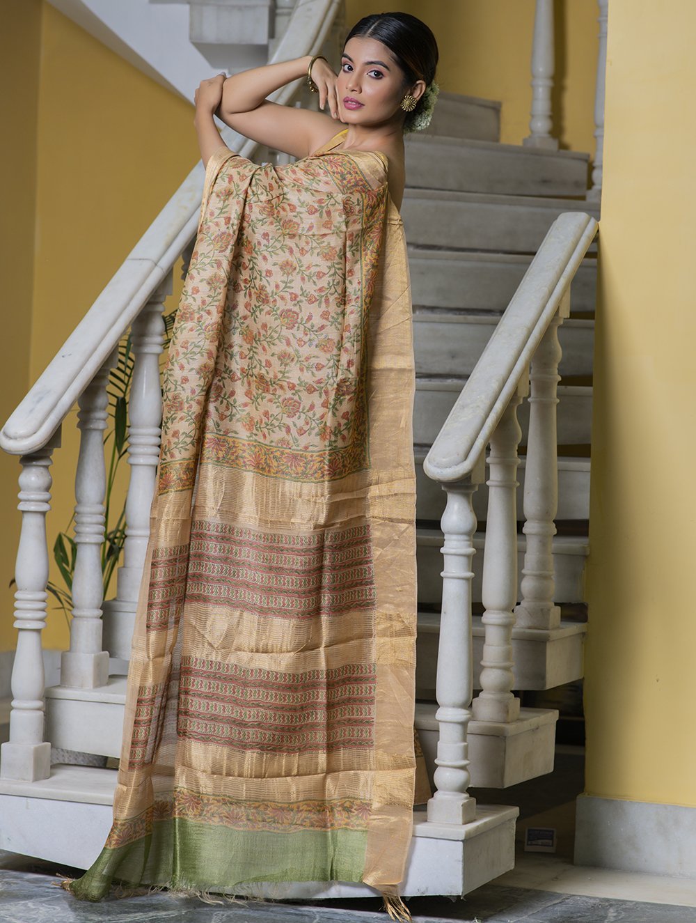 Festive & Exclusive Tassar Silk Sanganeri Bagru Saree (With Blouse Piece) - Beige, Green, Pink & Dull Gold