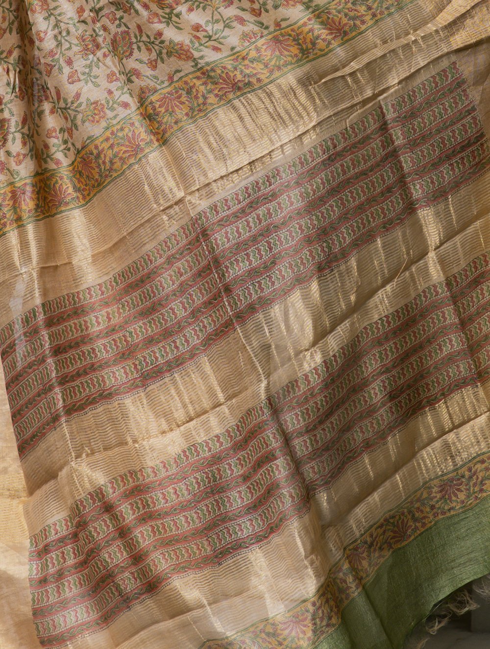 Festive & Exclusive Tassar Silk Sanganeri Bagru Saree (With Blouse Piece) - Beige, Green, Pink & Dull Gold