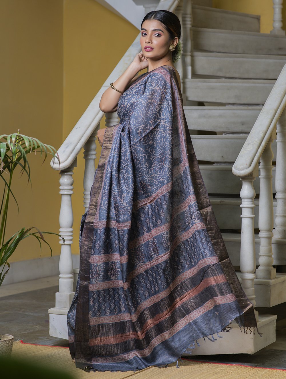 Blue Grey, Pink & Dull Gold Printed Tassar Silk Saree With Blouse Online