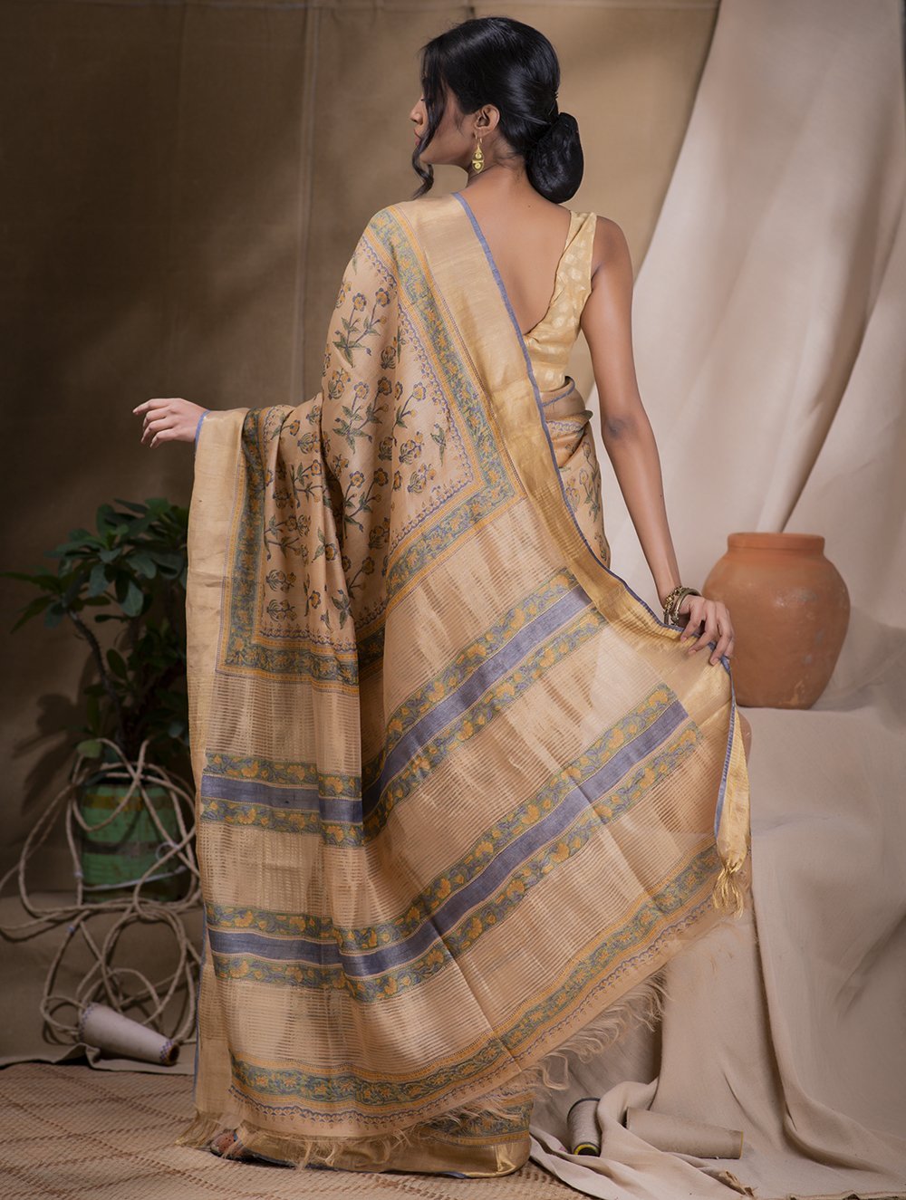 Festive & Exclusive Tassar Silk Sanganeri Bagru Saree (With Blouse Piece) - Dark Beige, Green & Gold