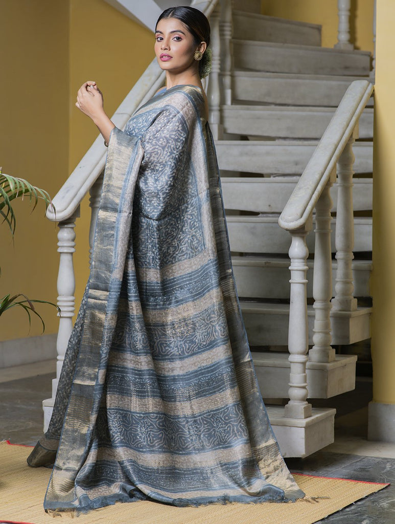 Soft Blue & Dull Gold Printed Tassar Silk Saree With Blouse Online