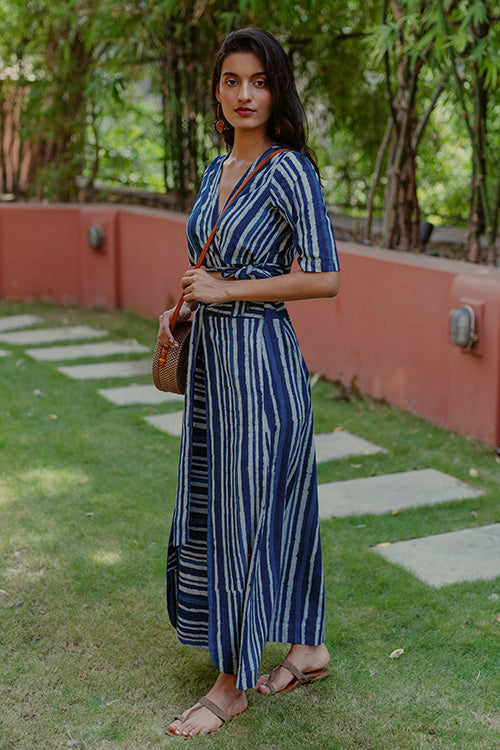 Flow Indigo Cotton Hand Block Printed Top and Skirt Set Online