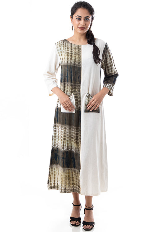 Creative Bee 'GANGA JAMUNA' Half & Half Shibori Handwoven Pure Cotton Dress