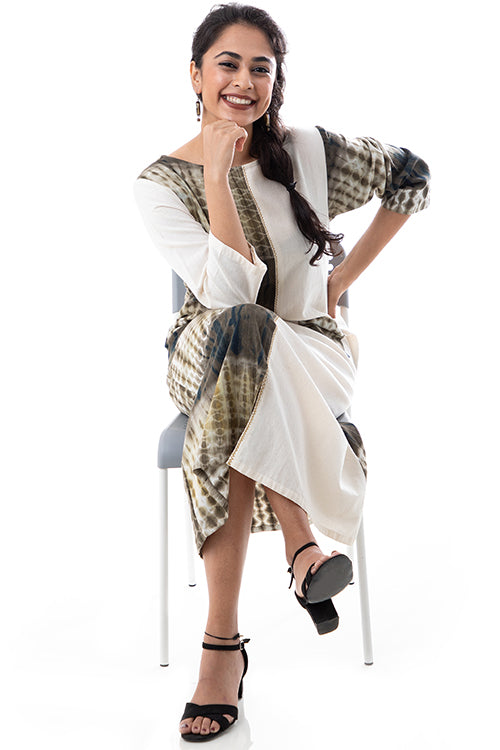 Creative Bee 'GANGA JAMUNA' Half & Half Shibori Handwoven Pure Cotton Dress