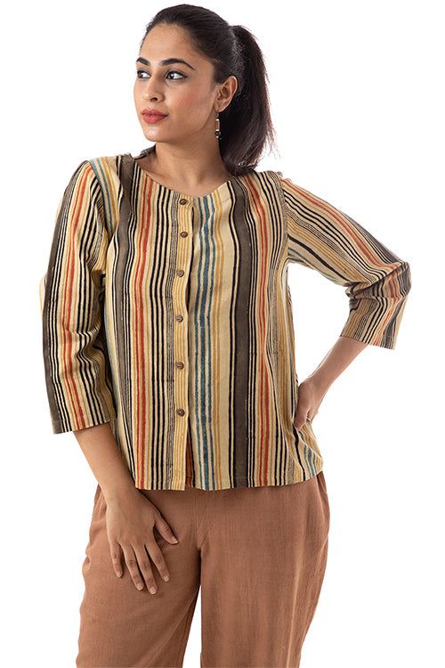 Creative Bee 'LITTES' Handwoven Stripe Geometric Patterened Pure Cotton Shirt Top