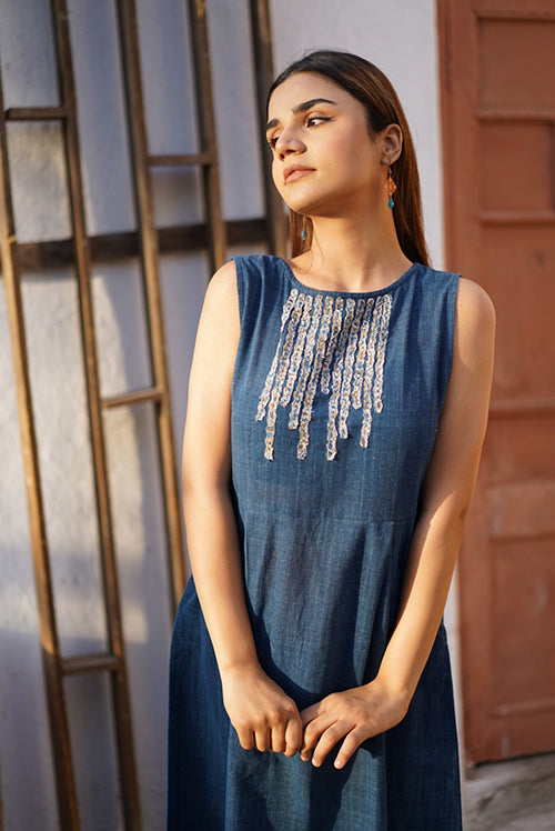 Creative Bee 'ELYSIAN' Handwoven Natural Dyed Indigo Cotton Sleeveless Dress